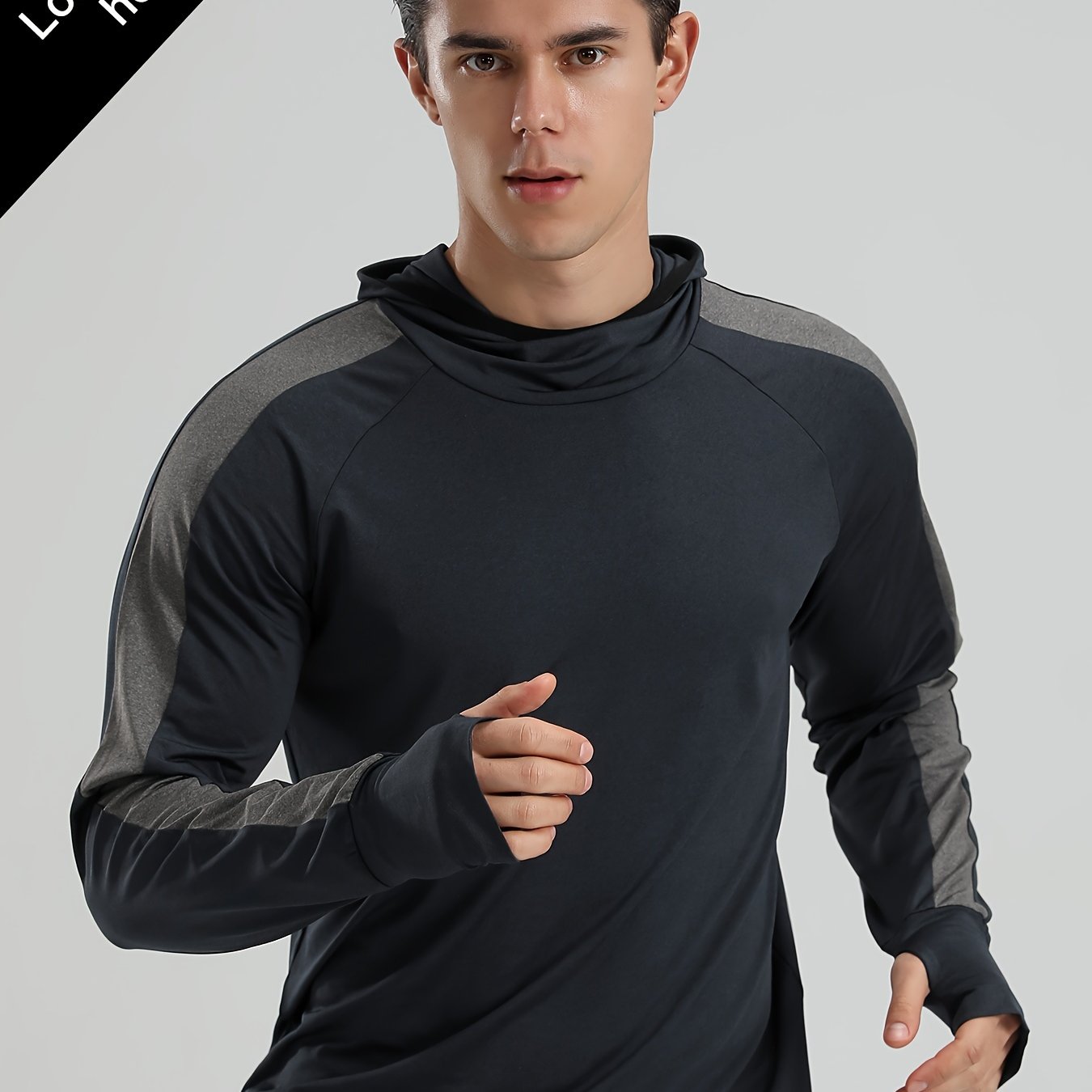 Mens Color Matching Long Sleeve Hooded Tee for Outdoor Fitness