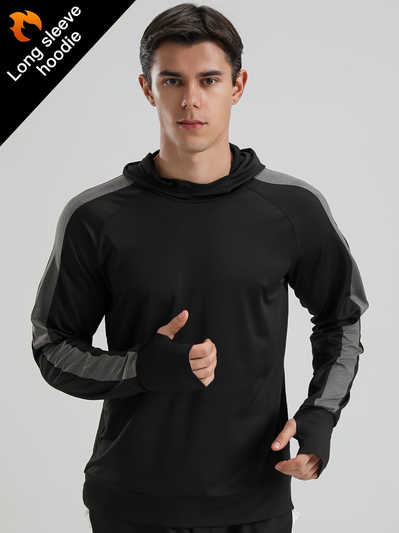 Mens Color Matching Long Sleeve Hooded Tee for Outdoor Fitness