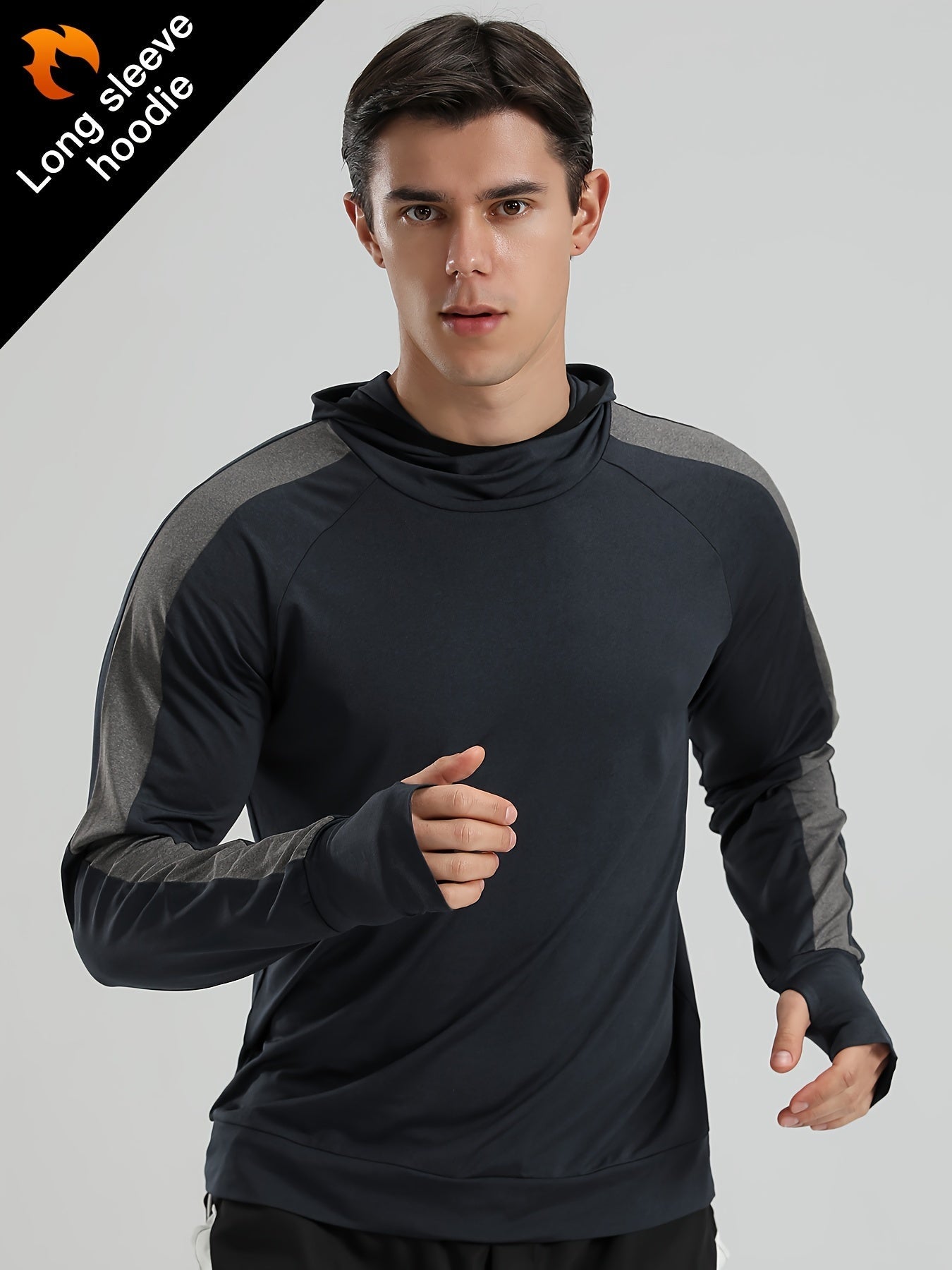 Mens Color Matching Long Sleeve Hooded Tee for Outdoor Fitness