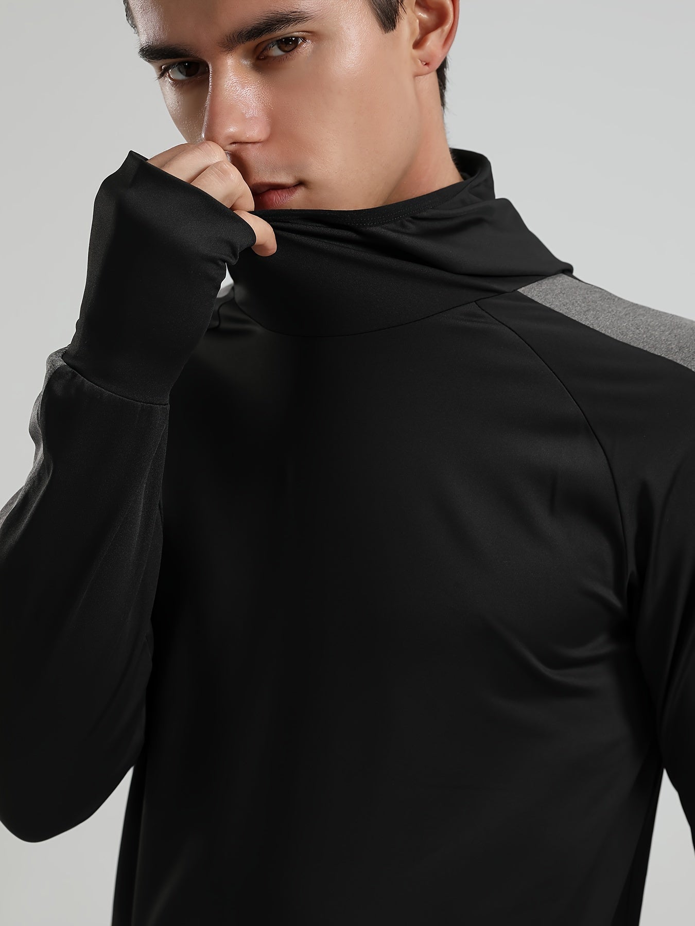 Mens Color Matching Long Sleeve Hooded Tee for Outdoor Fitness