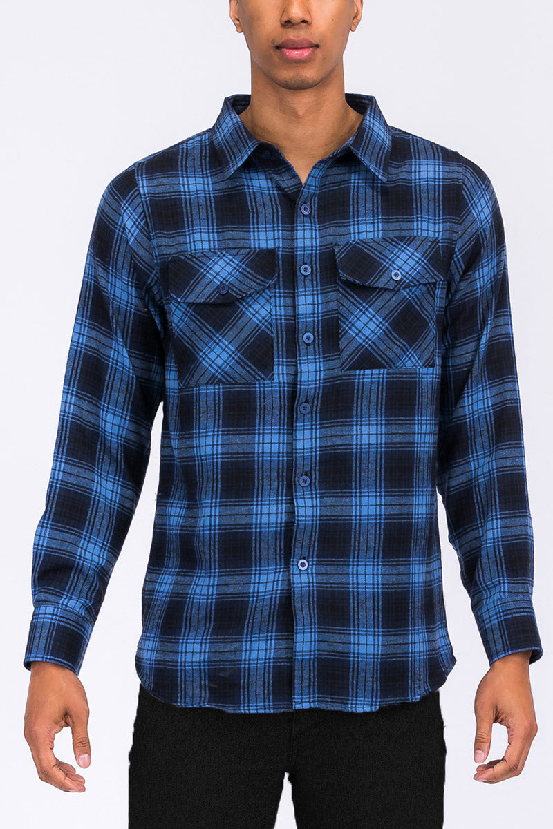 Long Sleeve Checkered Plaid Brushed Flannel