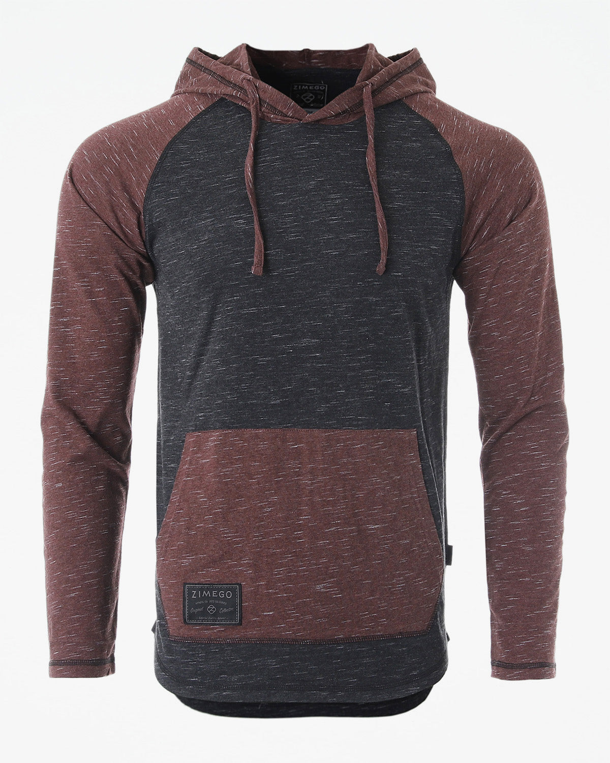 ZIMEGO Long Sleeve Raglan Henley Round Bottom Hood T-Shirts - BLACK / MAROON