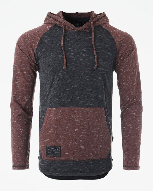 ZIMEGO Long Sleeve Raglan Henley Round Bottom Hood T-Shirts - BLACK / MAROON